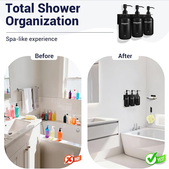 KLL Shampoo and Conditioner Dispenser Set - Shower Soap Dispenser Wall Mounted - Drill Free 16.9 fl oz Set of 3 Plastic Pump Bottles and Soap Holder - Shampoo Dispenser, Shower Dispenser - Black