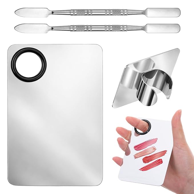 2 Pcs Makeup Mixing Palette with 2 pcs Foundation Spatula, Stainless Steel Cosmetic Makeup Palette Tray Professional Nail Mixing Tray for Foundation, Lipstick, Nail Art and More