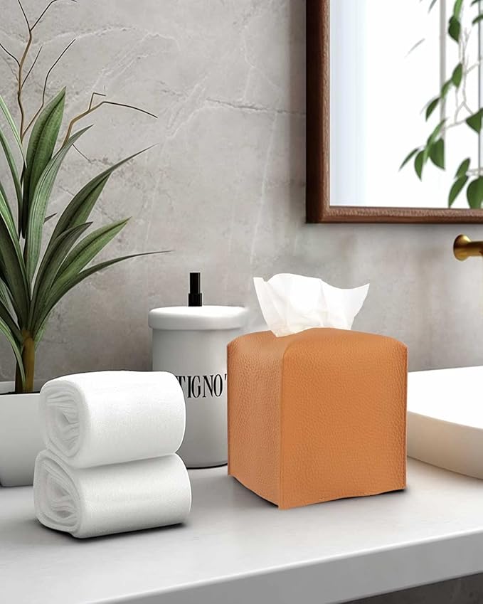 Tissue Box Holder Tissue Cover – Square Faux Leather Tissue Box Cover with Bottom Belt [JESMINI, Camel Brown] Tissues Cube Box Cover for Bathroom/Night Stands/Office