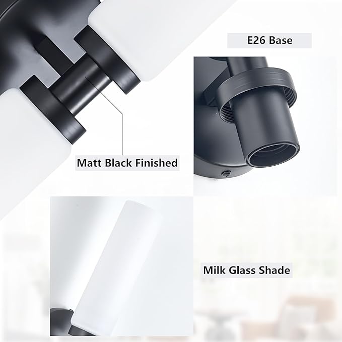 2 Light Black Bathroom Light Fixture Over Mirror, Modern Farmhouse Bathroom Vanity Lights with Milky White Frosted Glass Shade, Wall Sconce for Bathroom Mirror Hallway Cabinet Bedroom Porch