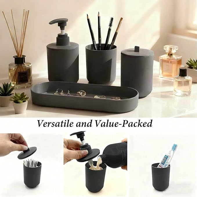 LGURT 4-Piece Dark Gray Plastic Bathroom Accessory Set, Lotion Soap Dispenser, Tumbler, Cotton Swab Cup & Vanity Tray (7.87" × 2.56") – Modern Home Decor for Apartment, Dorm & Guest Bath