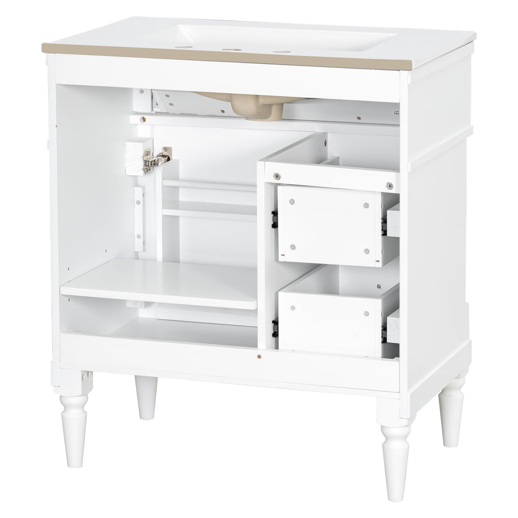 Harper & Bright Designs 30" Bathroom Vanity with Sink, Free Standing Bathroom Vanity Set with Flip Drawer, 2 Drawers, and Adjustable Shelf, Wood Storage Cabinet with Ceramic Basin for Bathroom, White