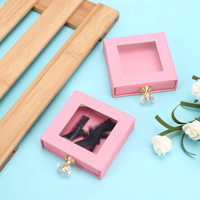 False Eyelashes Storage Box Quadrate Window False Eye Lashes Drawer Organizer Case for Makeup Lovers Travelers Pink Green Gold 2pcs