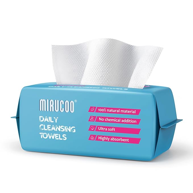 Mirucoo 100 Sheet Daily Cleansing Towels Ultra Soft Dry Wipes for Sensitive Skin Disposable Facial Washcloths 100% Organic Viscose (Pack of 1)