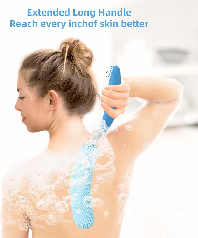 Back Scrubber for Shower, 15.35" Long Handle Shower Brush for Body, Back Brush for Shower for Men Women, Long Handled Bath Sponge for Deep Clean, Exfoliating, Anti-Slip Curve Handled Back Scrubber