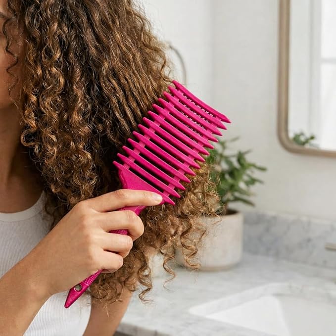 Curl Defining Brush with Hair Clips – Detangling Tool for Wet or Dry Styling, Ideal for Curly Hair, Women & Girls (Shiny Pink)