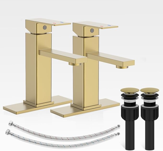 Bathroom Sink Faucet, Brushed Gold Bathroom Faucet 3 Hole with Pop-up Drain and Vessel Sink Hole Cover 6", Stainless Steel Single Handle Faucets for Bathroom Sink-2 Sets