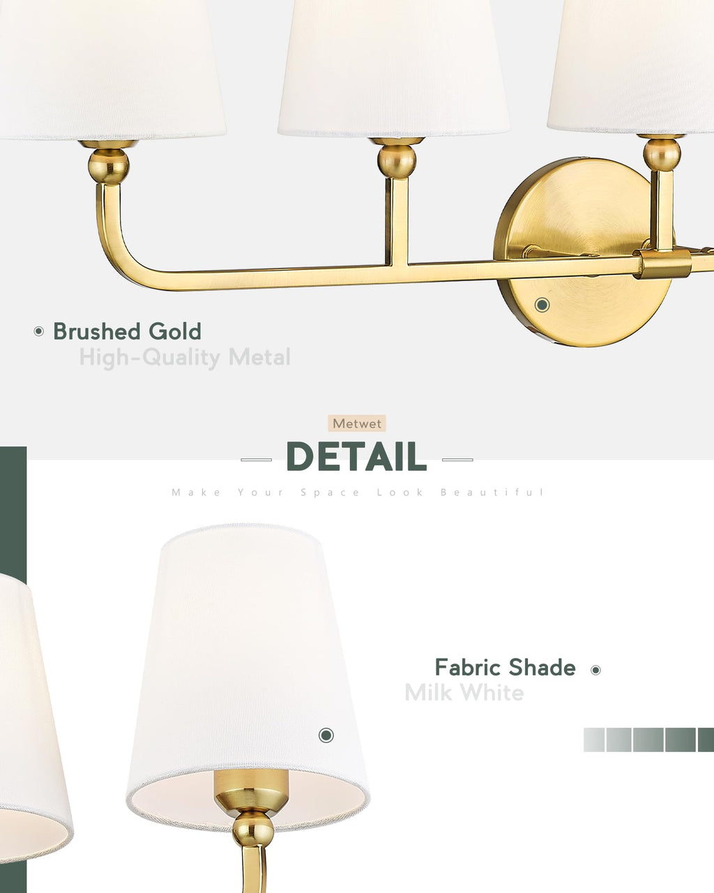 METWET 5-Light Brushed Gold Bathroom Vanity Light, White Fabric Shades