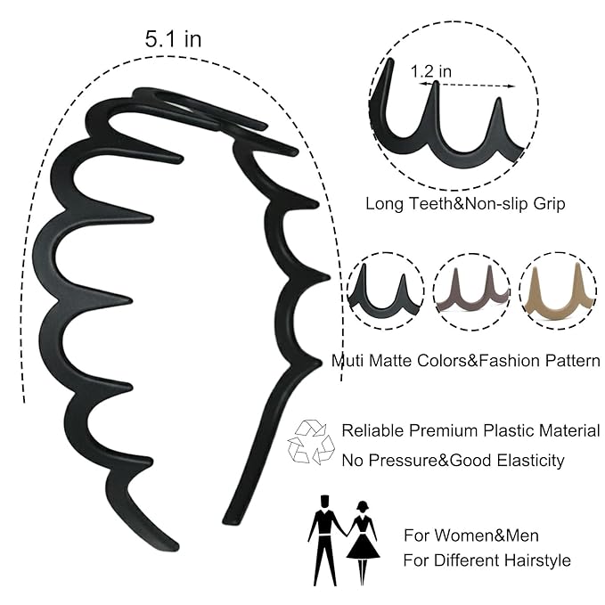Supgoodom 6 PCS Zig Zag Headbands Plastic Wavy Hair Head Band Comb with Teeth Hoop Accessories for Women Men Girls, Matte Retro Color