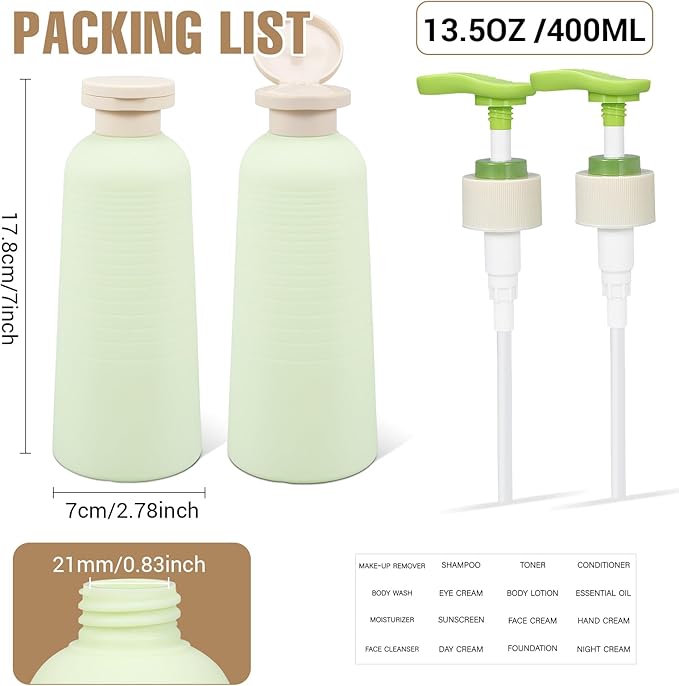 UMETASS 13.4oz Travel Shampoo Bottle with Flip Cap, Refillable Plastic Pump Bottles Dispenser for Soap, Shampoo, Lotions, Liquid Body Wash, Creams and Massage Oil (2 Pack, 13.5oz/400ml)