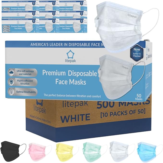Litepak 500pcs Premium Disposable Face Mask SOFT 3ply Nose Wire - White