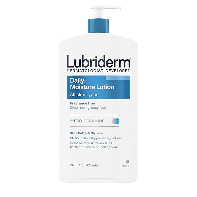Lubriderm Fragrance Free Daily Moisture Body Lotion + Pro-Ceramide, Unscented Lotion, Body Lotion for Dry Skin, Shea Butter, Glycerin, Non-Greasy 24-Hour Moisturizer, Paraben & Dye Free, 24 Fl Oz