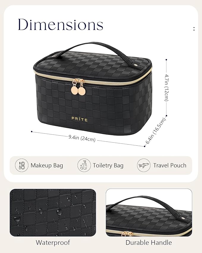 Prite Makeup Bag, Large Capacity Cosmetic Bag for Women and Girls, Waterproof PU Leather Travel Case with Handle, Divider for Skincare and Brushes - Checkered Black