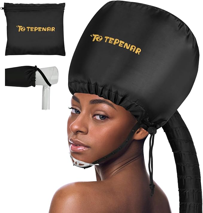 TEPENAR Bonnet Hair Dryer Attachment, Large - Black, Upgraded Soft Adjustable for Hand Held Hair Dryer, Fast Drying, Ideal for Natural Curly Textured Hair Care and Speeds Up Drying Time at Home