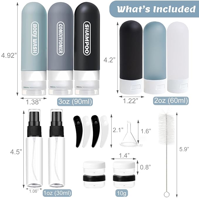 YNSHOUNA 20 Pack Travel Bottles Set, TSA Approved Travel Size Toiletries Containers, Leak Proof Shampoo and Conditioner Bottles, Refillable Travel Essentials Toiletry Bottles (Dark Color)