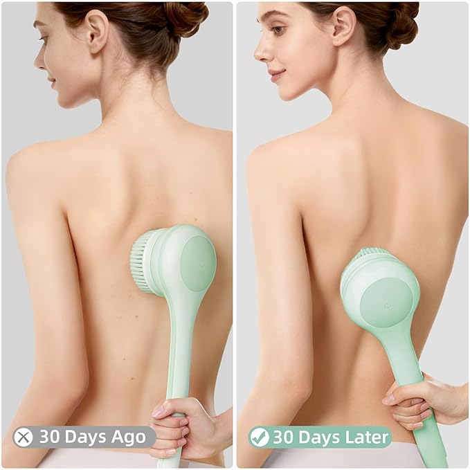 Oh,XIYU. Electric Body Brush Back Scrubber for Shower, Waterproof Long Dual Handle Body Scrubber with 3 Heads, Bath Brush & 2 Speeds, for Cleansing, Exfoliating and Massaging Skin, Pale Cypress Green