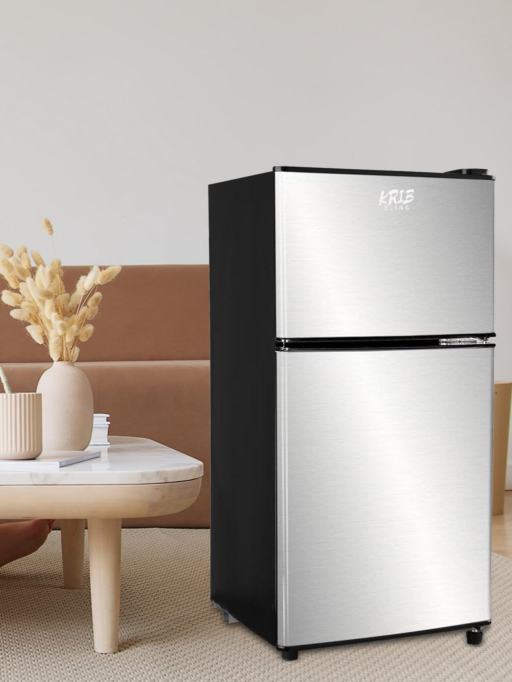 KRIB BLING Mini Fridge With Freezer,3.5 Cu. Ft Compact Refrigerator With 2 Doors,7- Level Adjustable Thermostat, Removable Glass Shelves For Bedroom, Office, Kitchen, Apartment, Dorm, Silver
