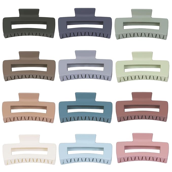 Sisiaipu Hair Clip - Claw, 4.1 Inch Extra Large for Thick, Long, Curly Hair, 12 Pcs, 12 Rubber Paint and Plastic Materials, Non-Slip Design, Women and Girls Hair Accessories - Multicolor