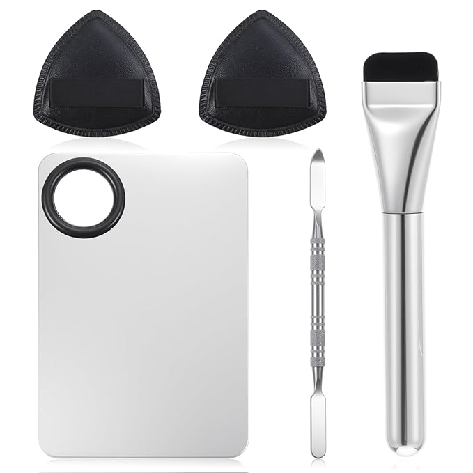 Stainless Steel Makeup Palette, Metal Mixing Tray with Foundation Brush, Spatula and Powder Puff Professional Reusable Beauty Tools for Facial Cosmetic, Nail Art, Pigment Blending