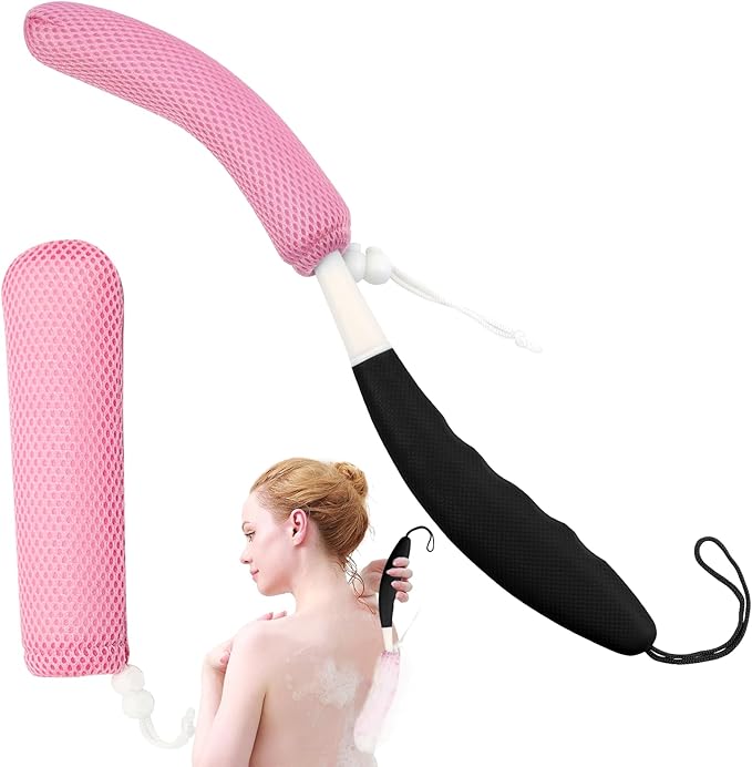 Back Bath Brush with Sponge, 15.39"Back Scrubber with Anti-Slip Long Handle