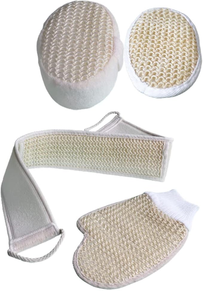 Vaguelly 4-Piece Back Scrubber Set Adjustable Bath Strap Glove Sponge for Shower for Relaxation and Exfoliation