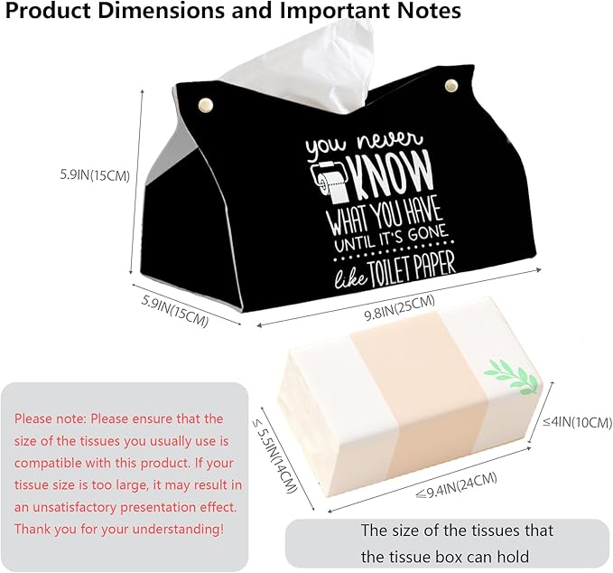 Black Leather Tissue Box Cover for Bathroom Decor,Funny Decorative Toilet Paper Box Holder for WC,YOU NEVEN KNOW WHAT YOU HAVE UNTIL IT'S GONE AKE TOILET PAPER,9.8x5.9x5.9