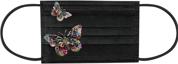 50pcs Black Disposable Face Masks, Masks with Butterfly Printed, 3-Ply Full Protection for Women Men Teen Girls