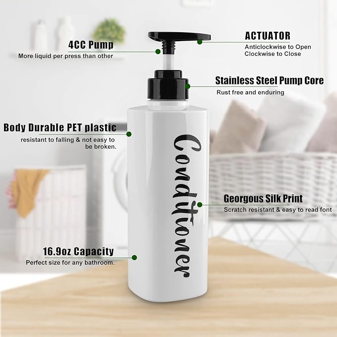 AUMIO 16.9oz Shampoo and Conditioner Dispenser Set of 3-Printed Shower Soap Dispenser Plastic Shampoo Bottles Refillable with Pump - Shampoo Conditioner Body Wash Dispenser for Bathroom Shower Wall