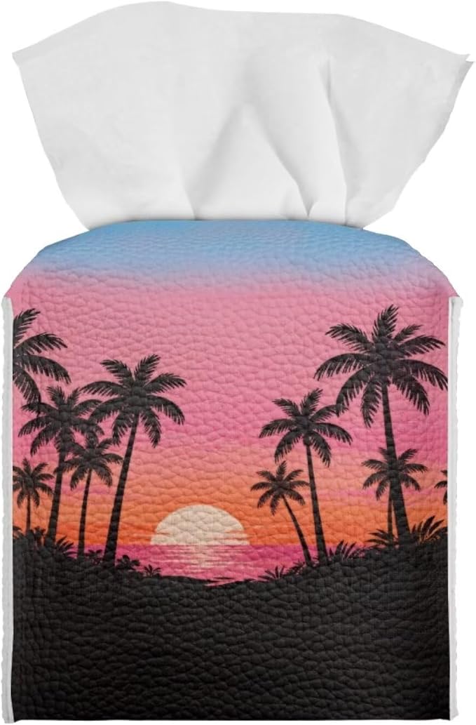 Sunset Tissue Box Holder Waterproof PU Leather Square Modern Tissue Box Cover with Metal Button Napkin Holder for Home Office Car