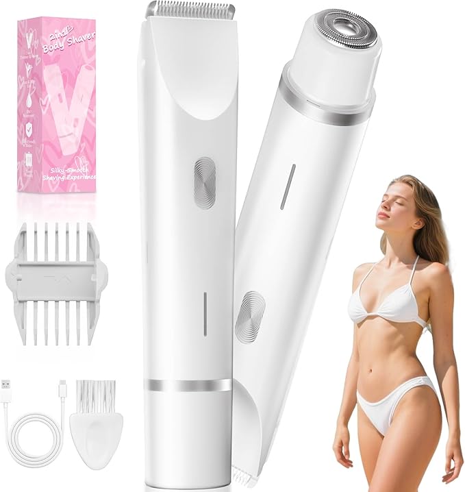 Bikini Trimmer for Women, Dual-Ended Electric Razor Personal Shaver for Bikini Line & Pubic Hair, Waterproof USB-C Rechargeable Body & Face Trimmer for Underarms & Legs (Pearl White)