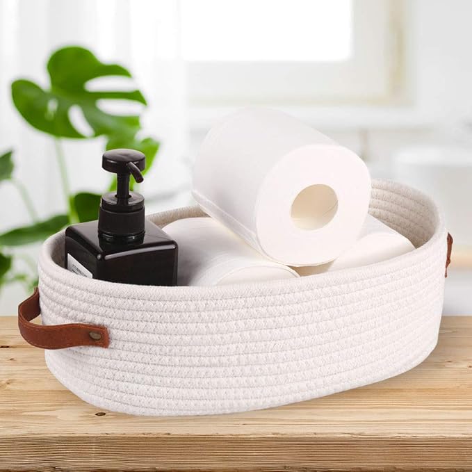 Oradrem 2 Pack Woven Storage Basket for Toilet Tank Top,Farmhouse Home Decor Organizing Baskets for Bathroom,Table and Counter 13"x5.9"x4" White