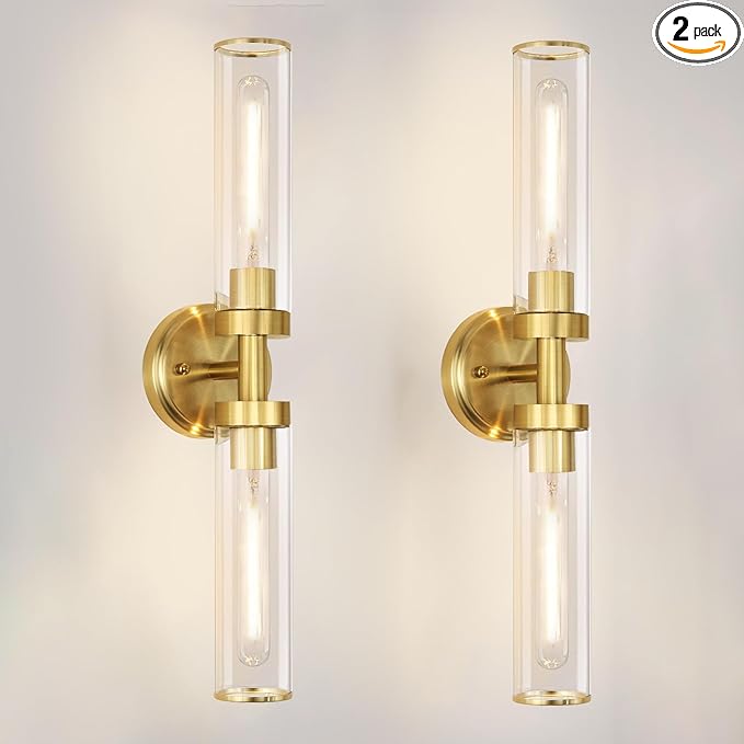 Antique Gold Wall Sconces Set of 2, Modern Bathroom Vanity Lights for Mirror, Hardwired Glass Wall Light Fixtures with E26 Base (Bulbs Required) for Bathroom, Bedroom, Hallway, 22.05 Inch