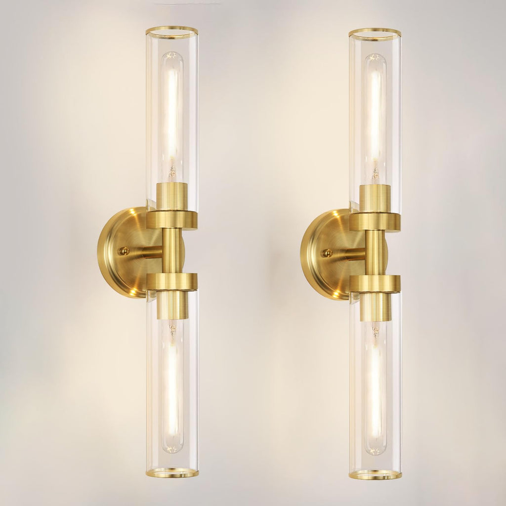 OIYIO Antique Gold Wall Sconces Set of 2, Modern Bathroom Vanity Lights for Mirror, Hardwired Glass Wall Light Fixtures with E26 Base (Bulbs Required) for Bathroom, Bedroom, Hallway, 22.05 Inch
