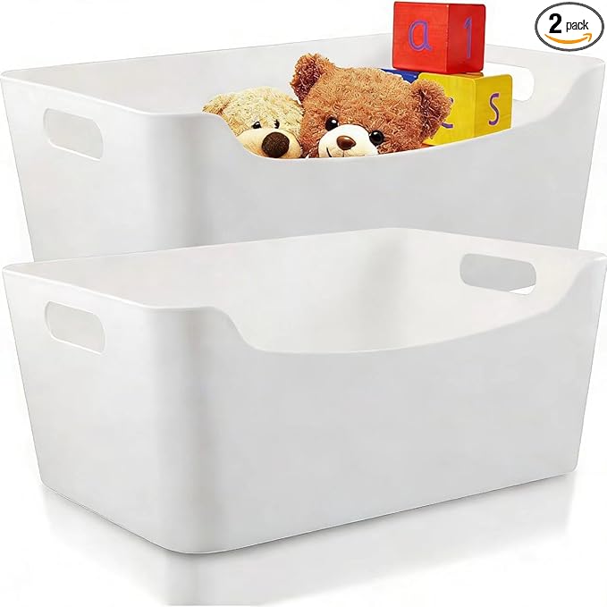 2 Pack Large Plastic Storage Bins with Handles, 13.7x10.2x5.7 Inch Stackable White Organizer Containers for Kitchen, Pantry, Closet, Bathroom, Office, Cabinet, Drawer, Snack, Toy & Makeup Organization