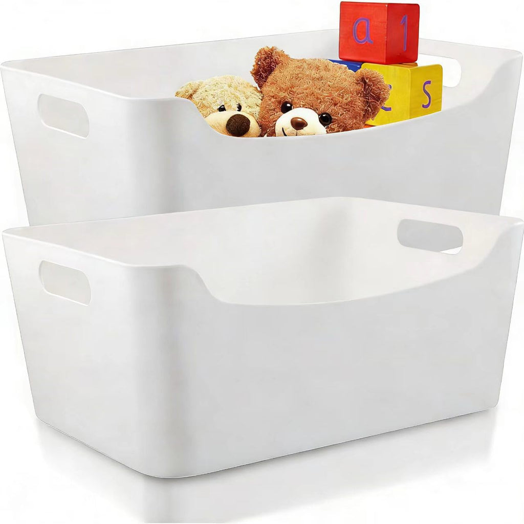 2 Pack Large Plastic Storage Bins with Handles, Versatile 13.7x10.2x5.7 Inch White Organizer Containers for Kitchen, Pantry, Closet, Bathroom, Office, Cabinet, Drawer, Snack, Toy & Makeup Organization