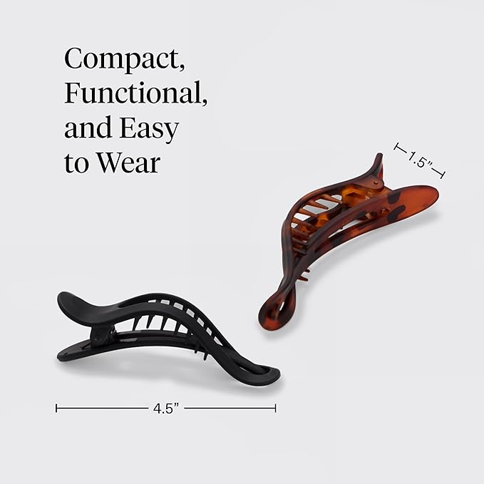 Kitsch Flat Hair Clips for Women - Strong Hold, No Slip Grip Flat Claw Clips | Sleek Curved Design For Comfortable Look | Hair Accessories For Girls - Black & Tortoise, 2pcs