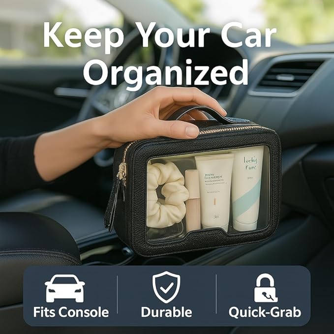 PACKISM Structured Clear Makeup Bag - Faux Leather Cosmetic Pouch with Reinforced Frame, Stand-Up Toiletry Organizer for Purse & Car Console, Medium Black