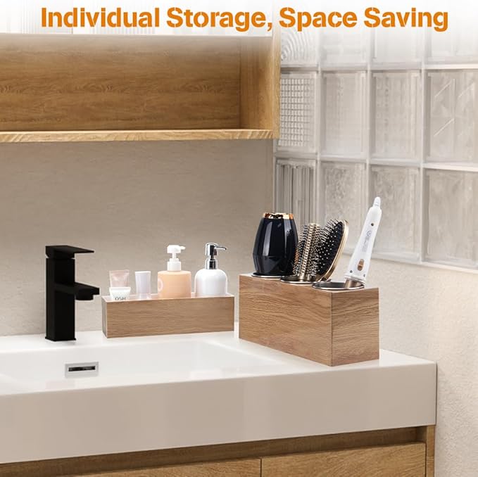 GFWARE Hot Hair Styling Tool Organizer with 3 Stainless Steel Cups, Wood