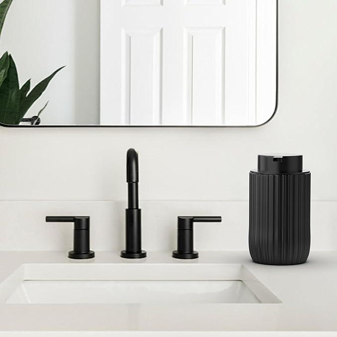 POSOSTO Ceramic Foaming Hand Soap Dispenser, 12 oz Bathroom Soap Dispensers, Lotion Dispenser for Kitchen, Refillable Matte Streaks Soap Dispenser with Large Pump (Black)