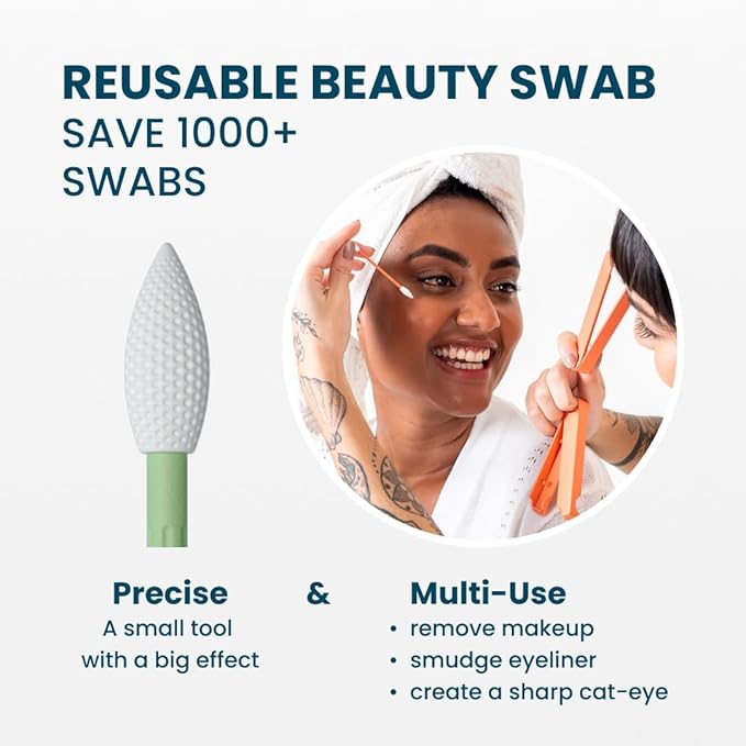 LastSwab Reusable Q-Tips for Makeup - Precision Silicone Cotton Swabs for Eyeliner, Mascara & Touch-Ups - Eco-Friendly Washable Q Tip Alternative - Zero Waste, Travel Case - Green