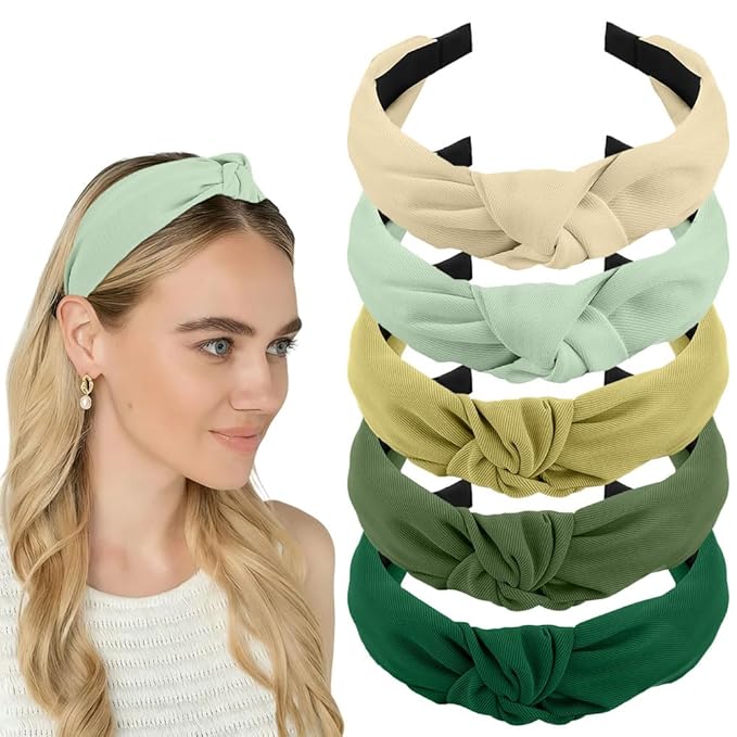 AHONEY 5 Pack Green Knotted Headbands for Women Trendy Fashion Thick Headbands Top Knot Non Slip Cute Hair Accessories Headband Pack Diademas Para Mujer
