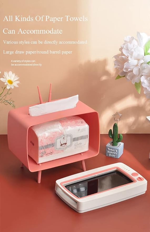 Fun Cute TV Tissue Box Holder,Multi Functional Square Tissue Box Cell Phone Holder for All Smartphone Toilet Paper Napkin Box Desktop Decoration for Room Bathroom Kitchen Dining (Pink)