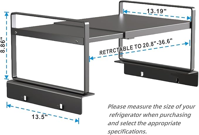 Adjustable Fridge Top Storage Rack,20.8"-36.6" Expandable Organizer Shelf,Refrigerator Storage, Anti-Slip,L-Shaped Design,Space Saver for Kitchen,Laundry,Dorm (Fits Most Appliances)
