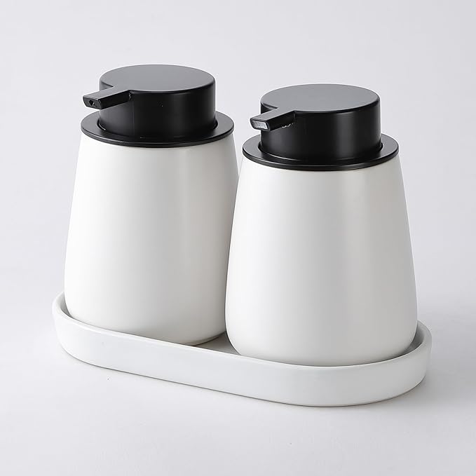 12Oz Hand Soap Dispenser Set - 2 Pack Ceramic Foam Soap Dispenser Set with Easy-to-Press Black Pump, Refillable Mordern Foaming Dish Soap Dispensers for Bathroom & Kitchen (White, Foam Pump)