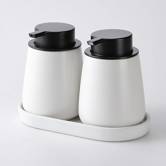 12Oz Hand Soap Dispenser Set - 2 Pack Ceramic Lotion Soap Dispenser Set with Easy-to-Press Black Pump, Refillable Mordern Liquid Dish Soap Dispensers for Bathroom & Kitchen (White, Liquid Pump)