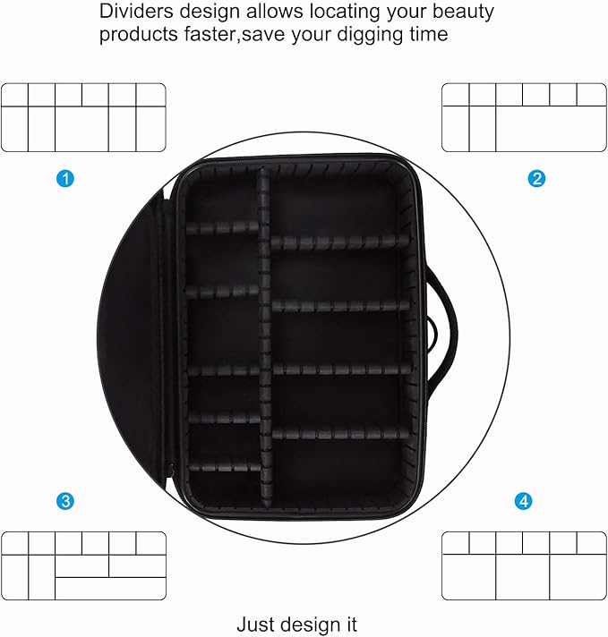 Relavel Makeup Bag Travel Makeup Train Case Large Cosmetic Case Professional Portable Makeup Brush Holder Organizer and Storage with Adjustable Dividers and Shoulder Strap Black