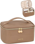 Prite Makeup Bag, Large Capacity Cosmetic Bag for Women and Girls, Waterproof PU Leather Travel Makeup Case, Toiletry Organizer with Handle and Divider for Skincare and Brushes - Brown