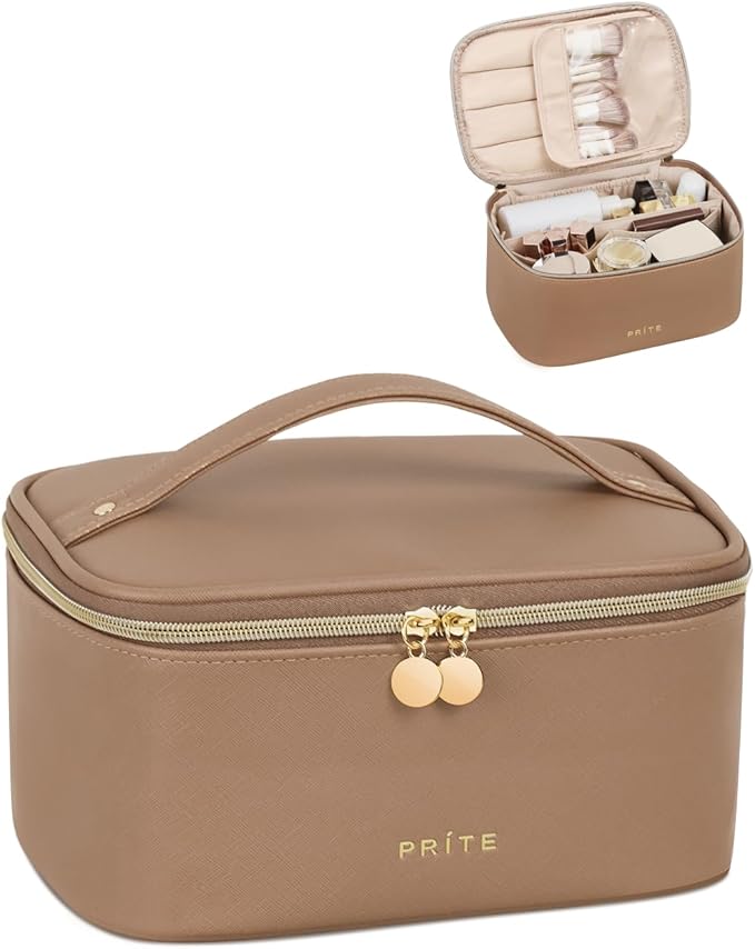 Prite Makeup Bag, Large Capacity Cosmetic Bag for Women and Girls, Waterproof PU Leather Travel Makeup Case, Toiletry Organizer with Handle and Divider for Skincare and Brushes - Brown