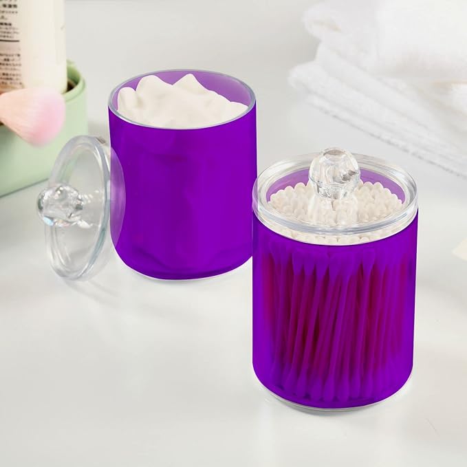 Purple Qtip Holder Organizer Dispenser Cotton Swabs Cans Plastic Jars with Lid Set 2 Pack Bathroom Storage Canister for Cotton Ball Floss Cotton Pads