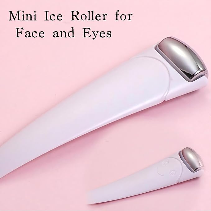 KINTEGOOD Mini Ice Roller for Face and Eyes, Portable Stainless Steel Facial Massage Tool with Cream Spoon for Travel, Dark Circles and Puffiness Relief, White